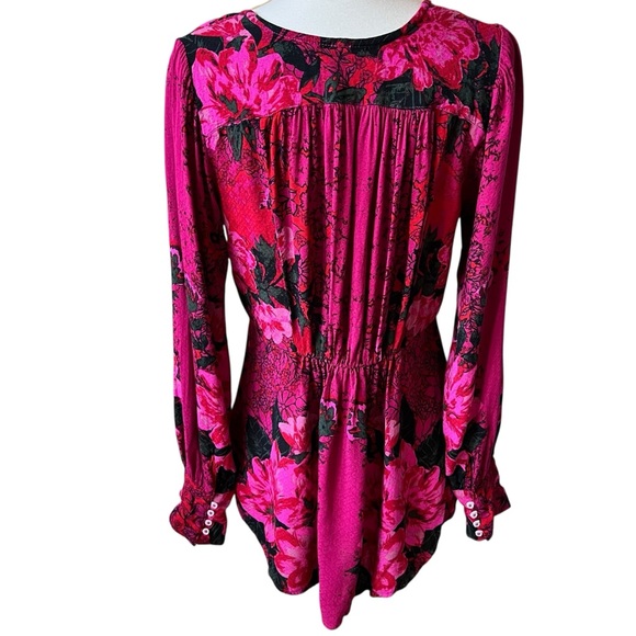 Free People Floral Deep V-Neck Long Sleeve Blouse  Size M Red/Pink Velvet Mix - Picture 6 of 14